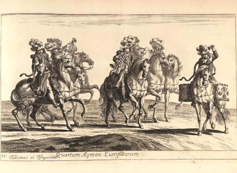 Трубачи и литаврщик кавалерии в «европейском» уборе на торжественной «карусели», посвященной совершеннолетию Карла XI в 1672 г.