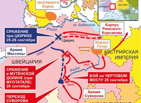 Действия в Швейцарии, март–сентябрь 1799 г.Действия в Центральной и Южной Италии, март–июнь 1799 г.Русский флот принимает участие в прибрежных операциях против французов в Южной Италии. Кампания проходит в условиях военной и политической поддержки со стор