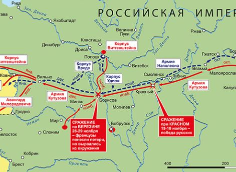 Осенне-зимняя кампания 1812 г. в России.Наполеон пытается вновь атаковать русскую армию к юго-западу от Москвы, у Малоярославца 12 (24) октября, но решительного успеха французы в сражении не добиваются. Затем, в преддверии зимы, Наполеон начинает отступат