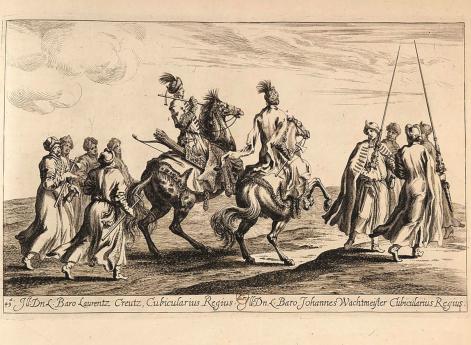 «Польские» всадники 1672 г. Вельможи в польских уборах на торжественной «карусели», посвященной совершеннолетию Карла XI в 1672 г.