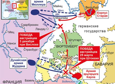 Действия на Верхнем Рейне, март–сентябрь 1799 г.Действия в Италии, апрель–сентябрь 1799 г.Французы уступают союзникам в численности, и, кроме того, их силы разделены на две армии на севере и на юге Италии. Поэтому русско-австрийские войска под командовани