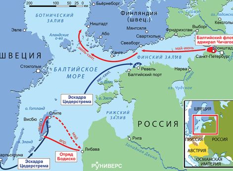Русско-шведская война, морская кампания 1808 г.В 1809 г. на Балтику вновь прибыла английская эскадра, которая блокировала основные силы русского Балтийского флота в Финском заливе. В целом, действия на море не оказали решающего влияния на ход войны.