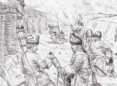 Гренадеры солдатских полков с ручными мортирками при осаде шведской крепости. 1704 - 1709 гг.