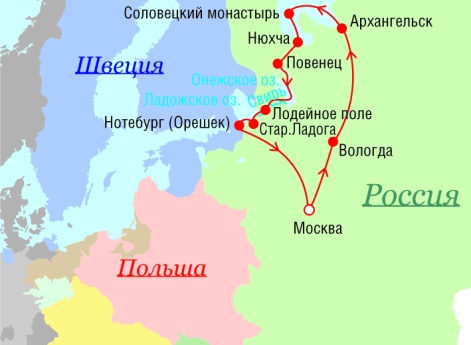Маршрут поездок Петра I - 1702 г.