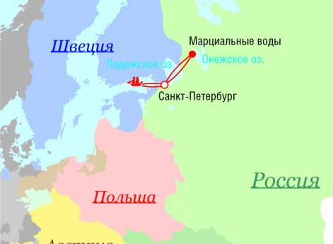 Маршрут поездок Петра I - 1718 г.