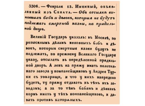 Закон № 3306. 1719 год. 13 февраля  (24 февраля).Об использовании труда осужденных женщин на прядильном дворе и порядке их содержания за счет частных заводчиков.