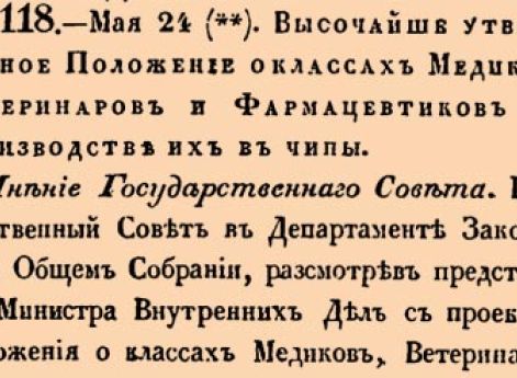 Высочайше утвержденное Положение о классах Медиков, Ветеринаров и Фармацевтиков и о производстве их в чины