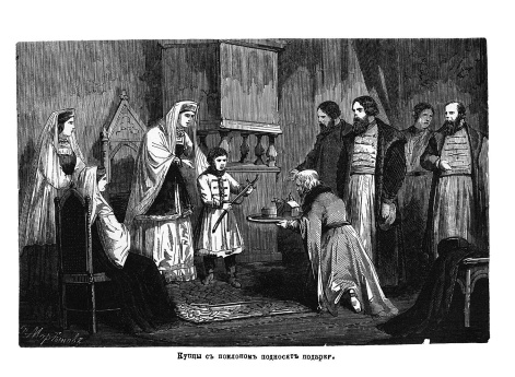 Купцы с поклоном подносят подарки юному Петру Алексеевичу