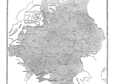 Народное образование в Европейской России. Число мальчиков, учащихся в низших и начальных учебных заведениях ко всему населению (по данным за 1886 год)
