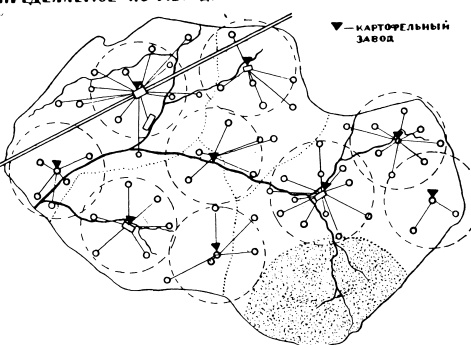 Местоположение картофельных заводов, определяемое по методу оптимальных радиусов сбора