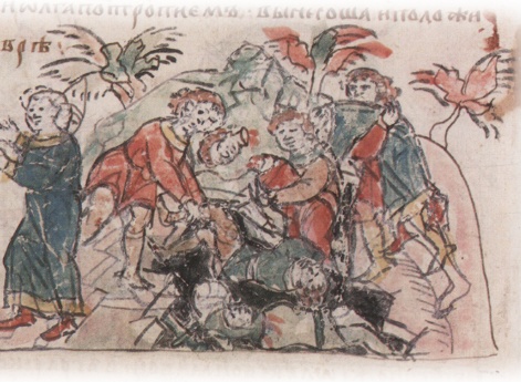 Повеление Ярополка Свыятославича о поиске трупа убитого брата Олега Святославича; положение трупа Олега на ковер.