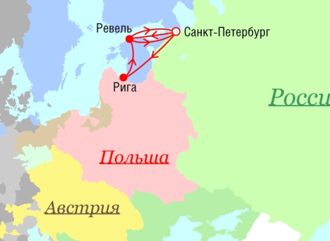 Маршрут поездок Петра I - 1721 г.