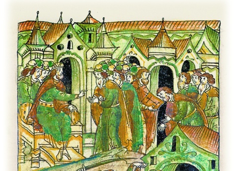 Князь Святослав Ольгович допрашивает новгородских бояр.