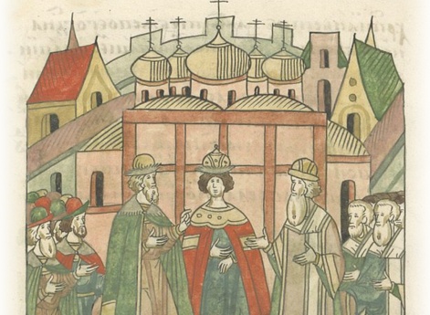 Возведение на престол внука великого князя Ивана Васильевича, князя Дмитрия Ивановича, в церкви Пречистой Богородицы в Москве. Поучение митрополита Симона и великого князя Ивана Васильевича великому князю Дмитрию Ивановичу.