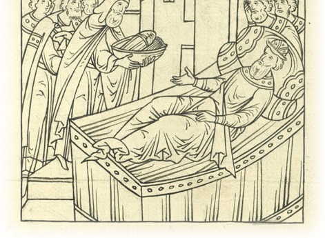 Старец Мисаил Сукин приносит великому государю Василию Ивановичу иноческое одеяние.