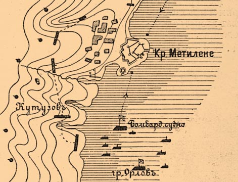 Схема морского десанта на остров Метилене в кампанию 1771 г. в ходе русско-турецкой войны
