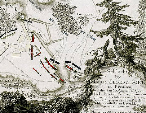 План сражения, в котором русские под командованием фельдмаршала Апраксина победили пруссаков под командованием фельдмарщала фон Левальда у Гросс-Егердорфа 30 августа 1757 года