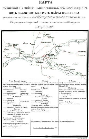 Расположение войск блокирующих крепость Модлин под камандой генерал-майора Паскевича в 1813 году