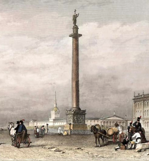 Александровская колонна в Санкт-Петербурге.Гравюра Г. Джордена с оригинала А. Г. Викерса. 1835 г. (фрагмент)