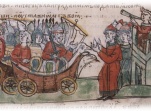 Олег и его воины на кораблях с колесами у Царьграда; предложение греков через послов платить дань Руси.