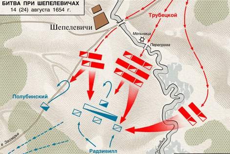 Схема сражения у села Шепелевичи 14 (24) августа 1654 года в ходе русско-польской войны 1654 — 1667 гг.