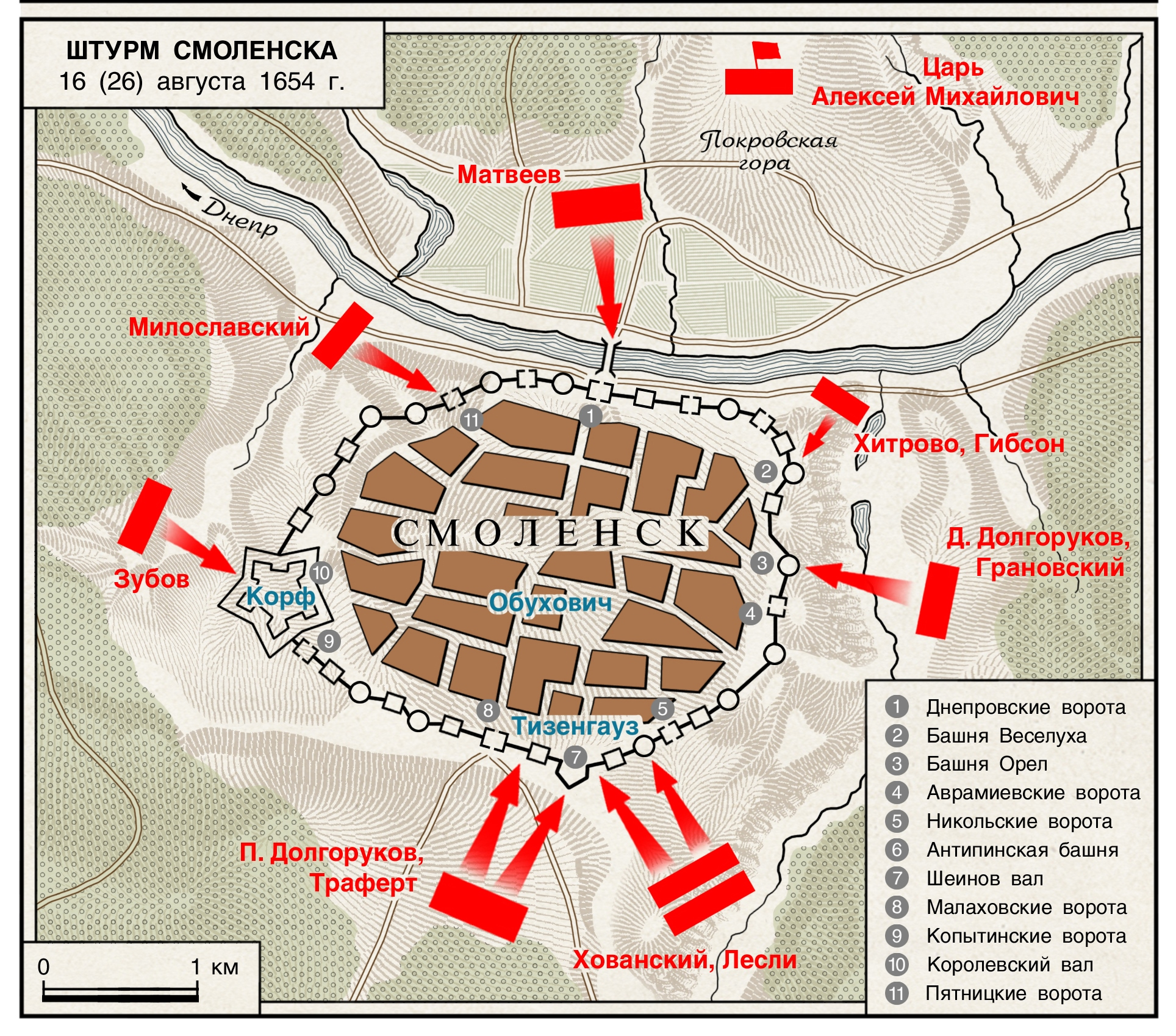 Схема штурма Смоленска 16 (26) августа 1654 года