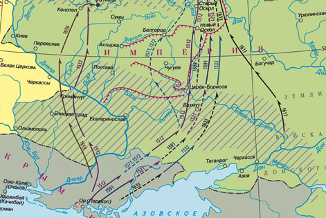 Карта: Набеги крымских ханов на Россию XVI — XVIII вв.