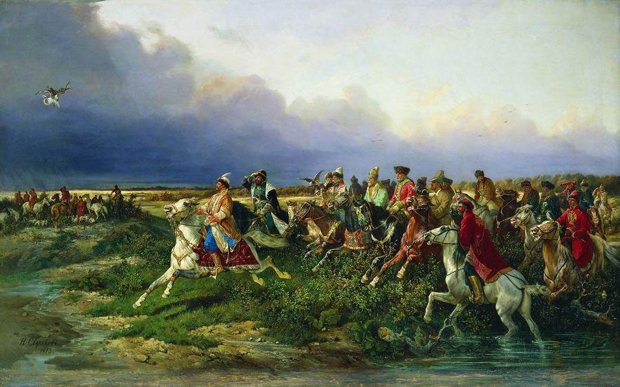 Царь Алексей Михайлович с боярами на соколиной охоте близ Москвы