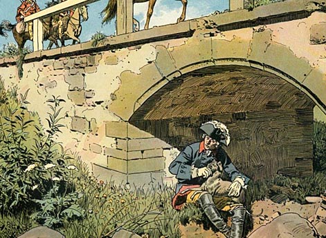 Фридрих II с любимой собакой Бихе прячется под мостом от австрийского патруля во время Силезской войны