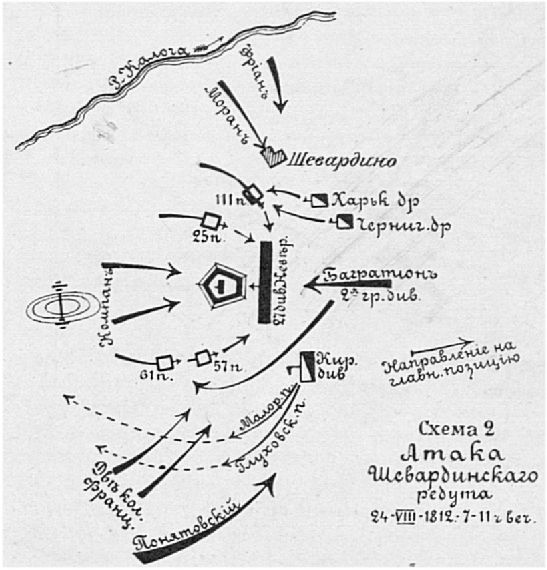 Бородинское сражение. Атака Шевардинского редута 24 августа 1812 года, 7-11 часов вечера