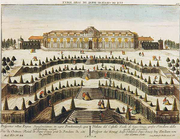 Sanssouci,1747. Сан-Суси (от фр. sans souci — без забот) — дворец Фридриха Великого, расположенный в восточной части одноимённого парка в Потсдаме