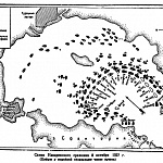 Наваринское сражение 8 октября 1827 года. (Цифры у кораблей обозначают число пушек)